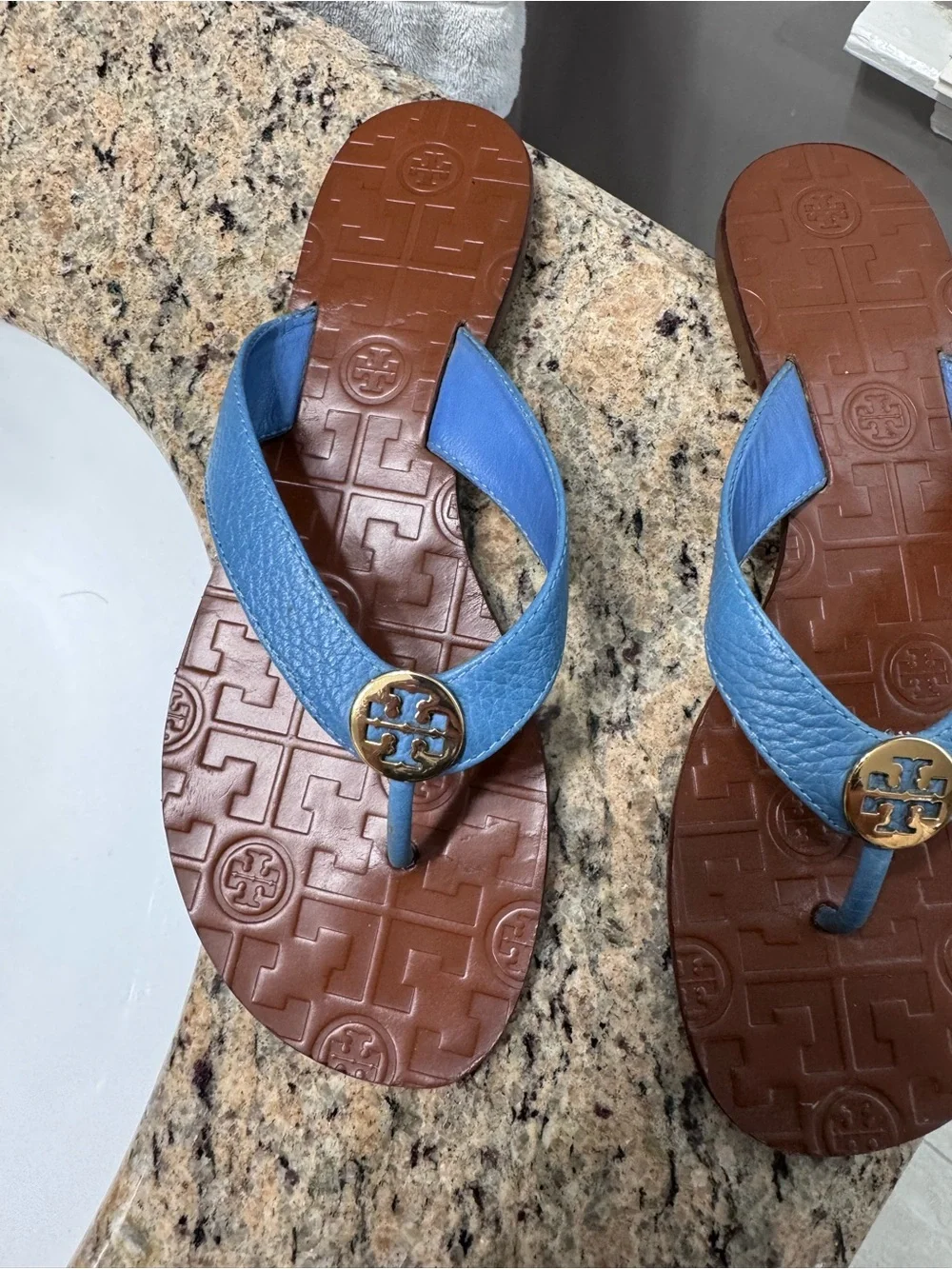 👡Tory Burch Blue Thora Leather Thong Sandals Gold Logo On Tan Footbed, 7.5👡